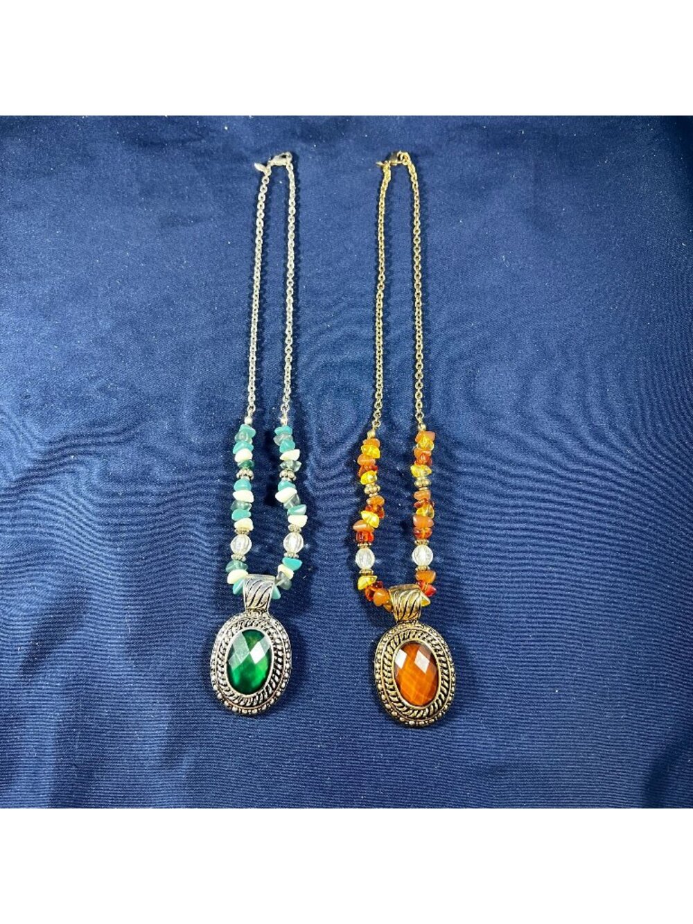 Vintage-Style Beaded Necklaces With Faceted Green & Orange Gemstone Pendants Sil